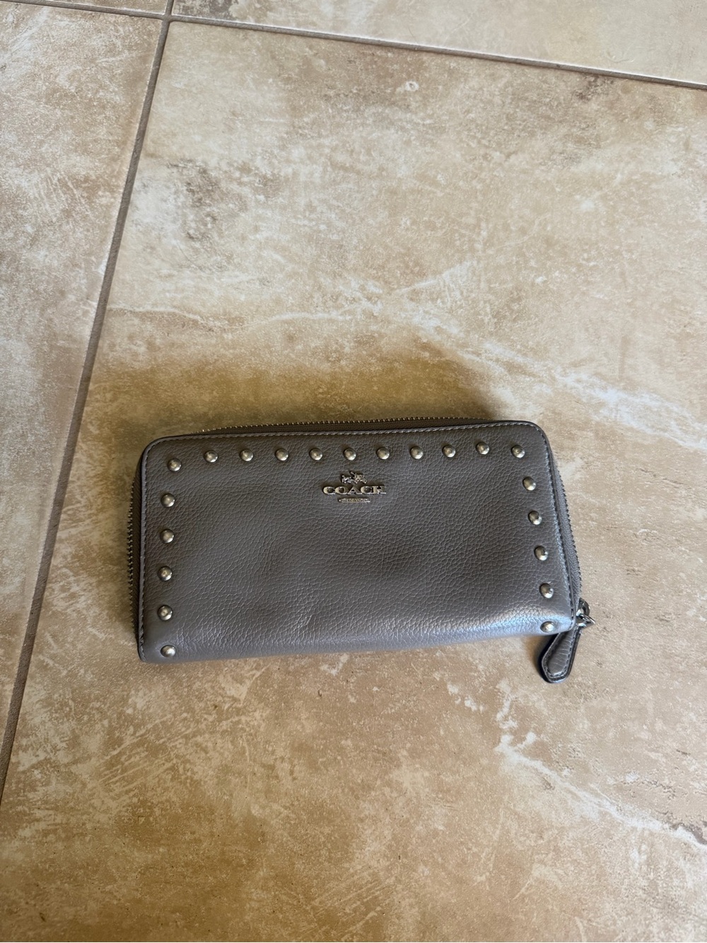 Coach Gray Pebbled Leather Zip Wallet with Stud Trim